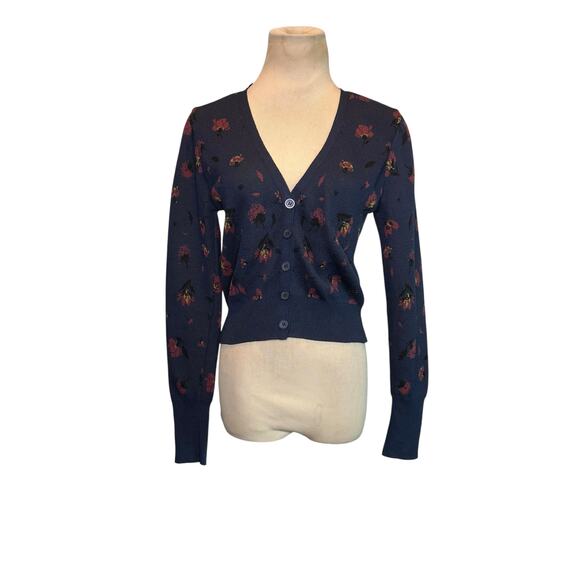 Zara navy blue floral knit buttoned cropped cardigan sweater size small - Picture 8 of 12